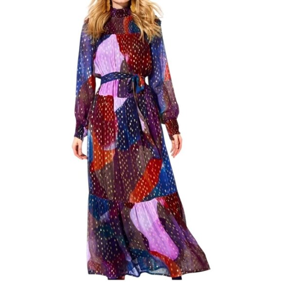 Rare Oliphant Drop Waist Smocked Neck Art Navy Print Maxi Dress S Oversized Boho - Picture 1 of 11